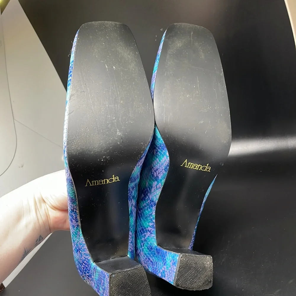 Vintage 90’s Amanda neon snake purple teal Square Toe Block Heels Size 9